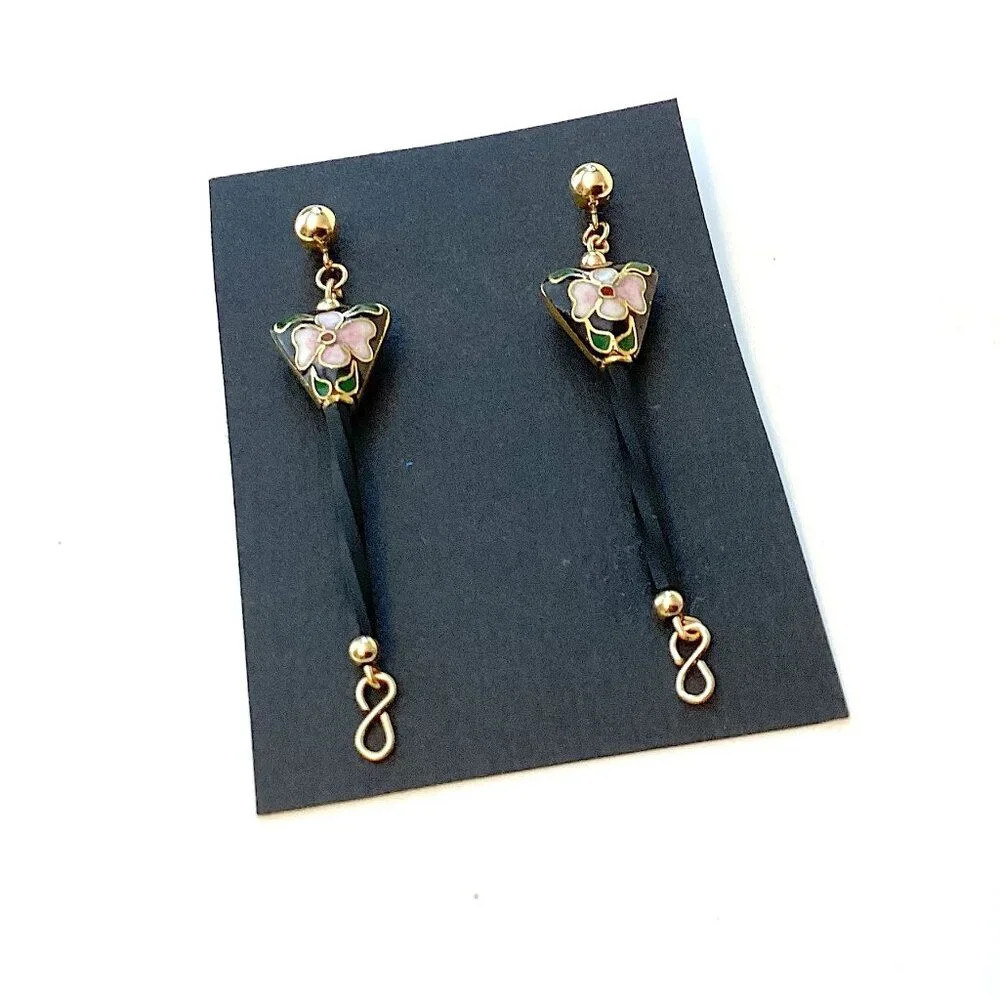 Vintage 14k Gold Cloisonne Earrings, Long and Unique Dangle Jewelry, Art Nouveau - Picture 7 of 8